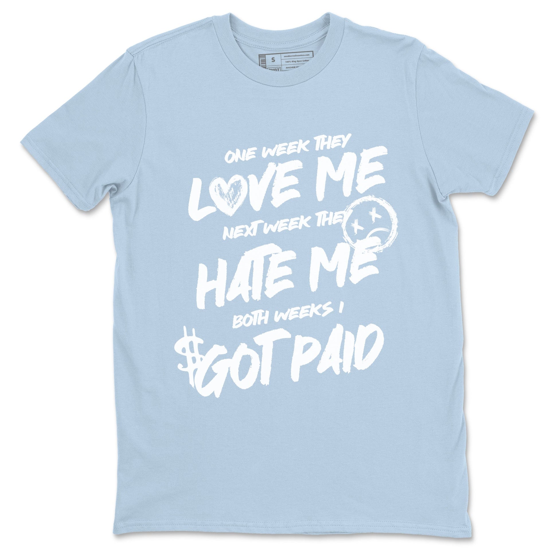 I Got Paid sneaker match t-shirt styled to complete your fit with the Air Jordan 4 Aluminum sneakers, shown in Light Blue 2.