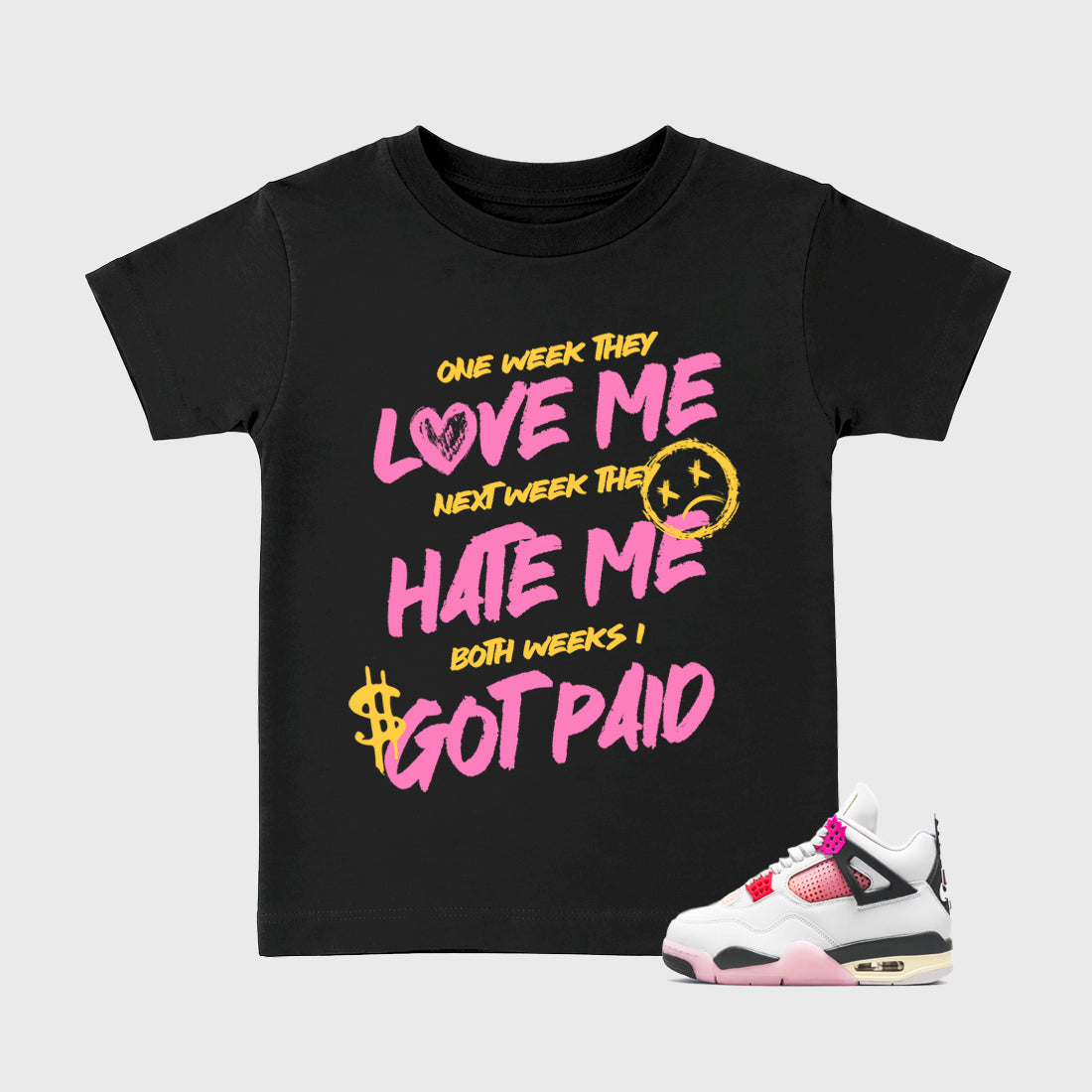 I Got Paid Baby & Kids Graphic T-Shirt featuring original artwork designed to match the Air Jordan 4 Comic. Black 1 Kids Graphic Tee.