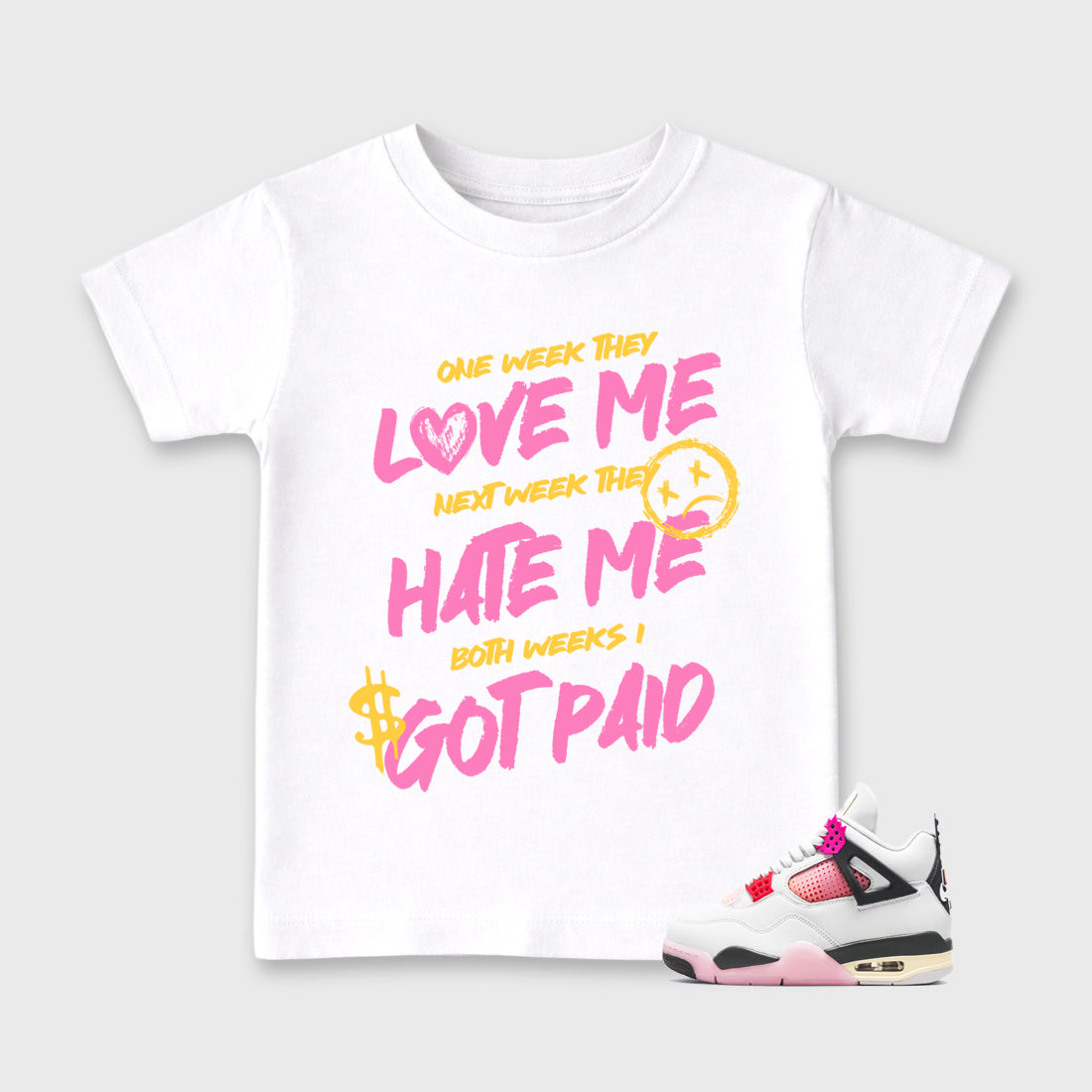 I Got Paid Baby & Kids Graphic T-Shirt featuring original artwork designed to match the Air Jordan 4 Comic. White 1 Kids Graphic Tee.