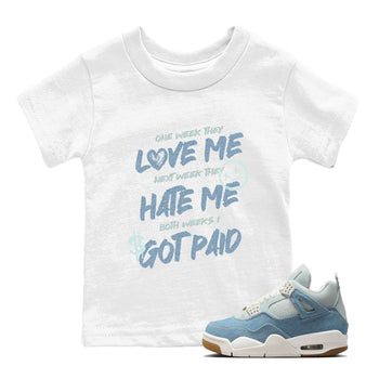 Sneaker match tees – Sneaker Tees To Match 4s Worn Blue Air Jordan 4 Denim Shoes – I Got Paid Kids T-Shirt White 1