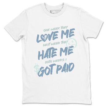 Sneaker match tees – Sneaker Tees To Match 4s Worn Blue Air Jordan 4 Denim Shoes – I Got Paid Tee White 2