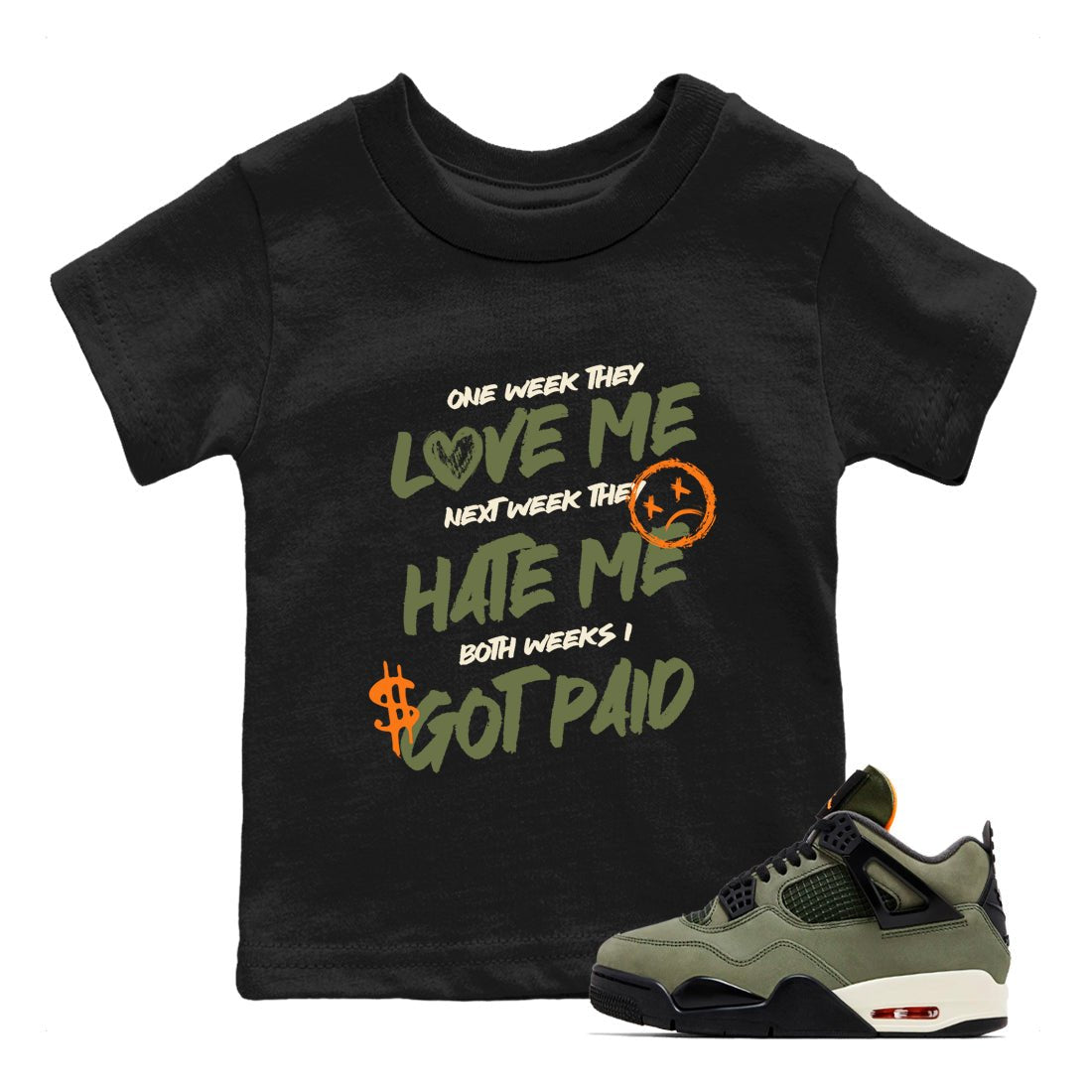 Sneaker match tees – Sneaker Tees To Match Undefeated inspired colorways Air Jordan 4 OG Olive Shoes  – I Got Paid Kids T-Shirt Black 1