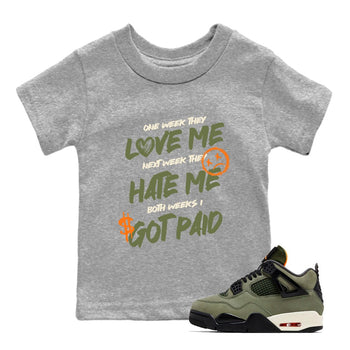 Sneaker match tees – Sneaker Tees To Match Undefeated inspired colorways Air Jordan 4 OG Olive Shoes  – I Got Paid Kids T-Shirt Heather Grey 1