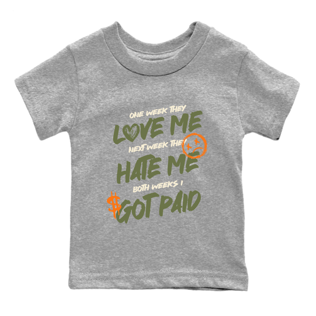 Sneaker match tees – Sneaker Tees To Match Undefeated inspired colorways Air Jordan 4 OG Olive Shoes  – I Got Paid Kids T-Shirt Heather Grey 2