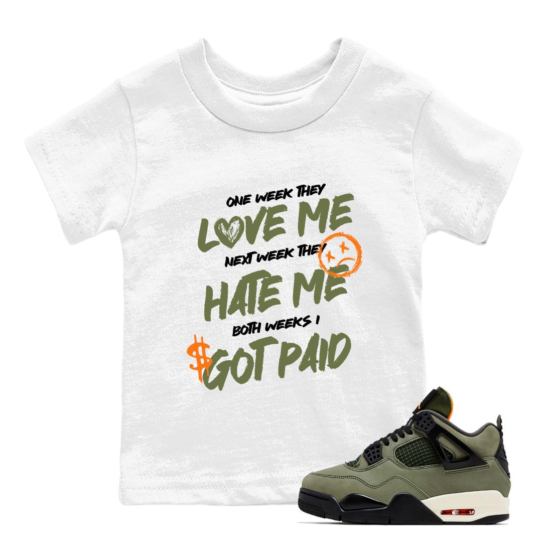 Sneaker match tees – Sneaker Tees To Match Undefeated inspired colorways Air Jordan 4 OG Olive Shoes  – I Got Paid Kids T-Shirt White 1
