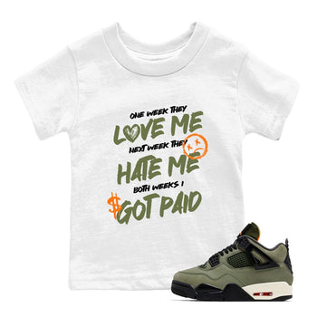 Sneaker match tees – Sneaker Tees To Match Undefeated inspired colorways Air Jordan 4 OG Olive Shoes  – I Got Paid Kids T-Shirt White 1