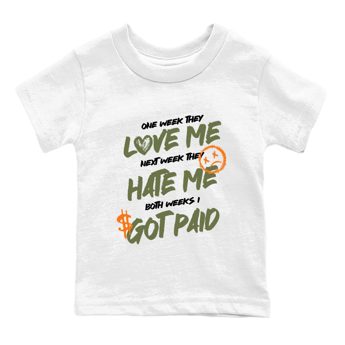 Sneaker match tees – Sneaker Tees To Match Undefeated inspired colorways Air Jordan 4 OG Olive Shoes  – I Got Paid Kids T-Shirt White 2