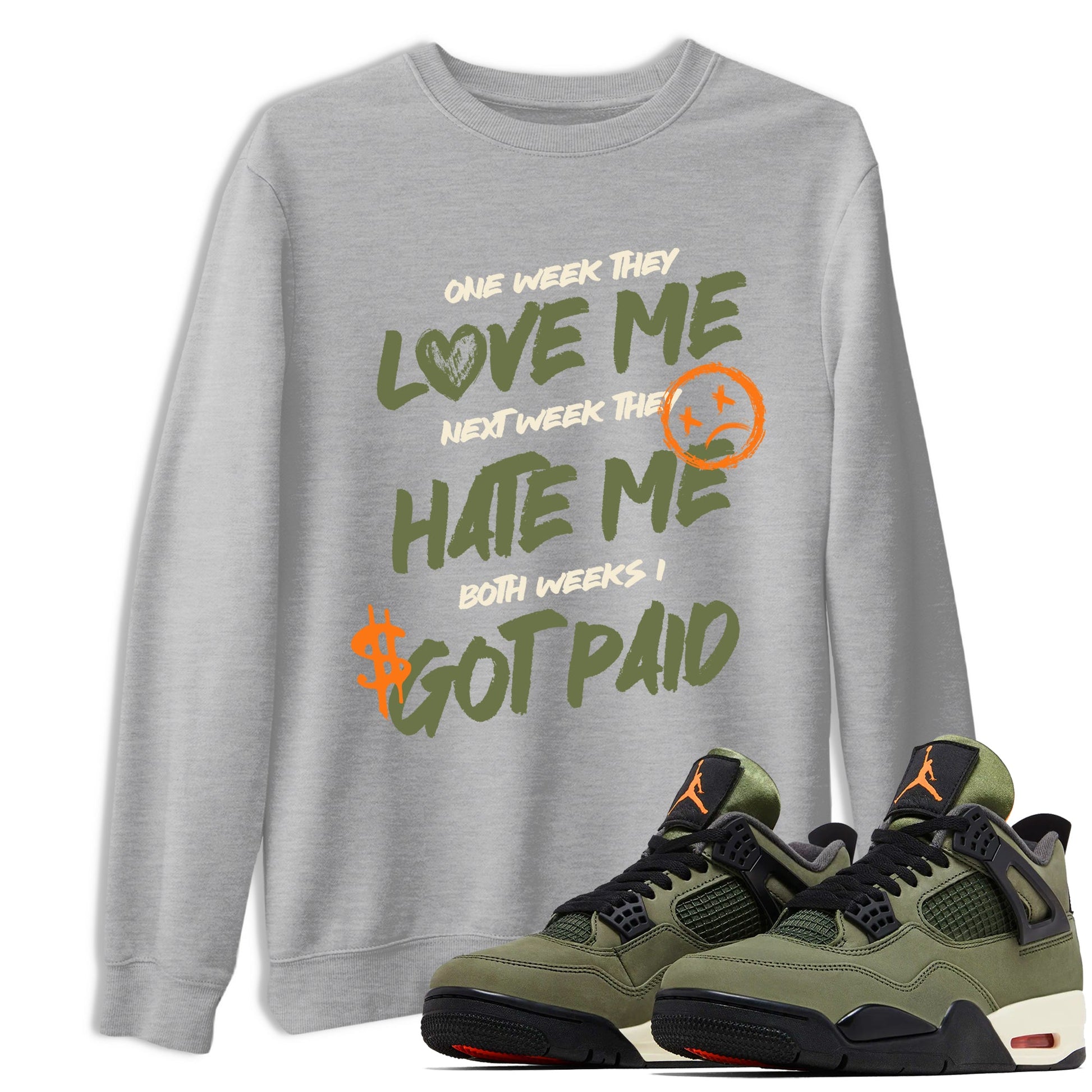 Sneaker match tees – Sneaker Tees To Match Undefeated inspired colorways Air Jordan 4 OG Olive Shoes  – I Got Paid Tee Heather Grey 1