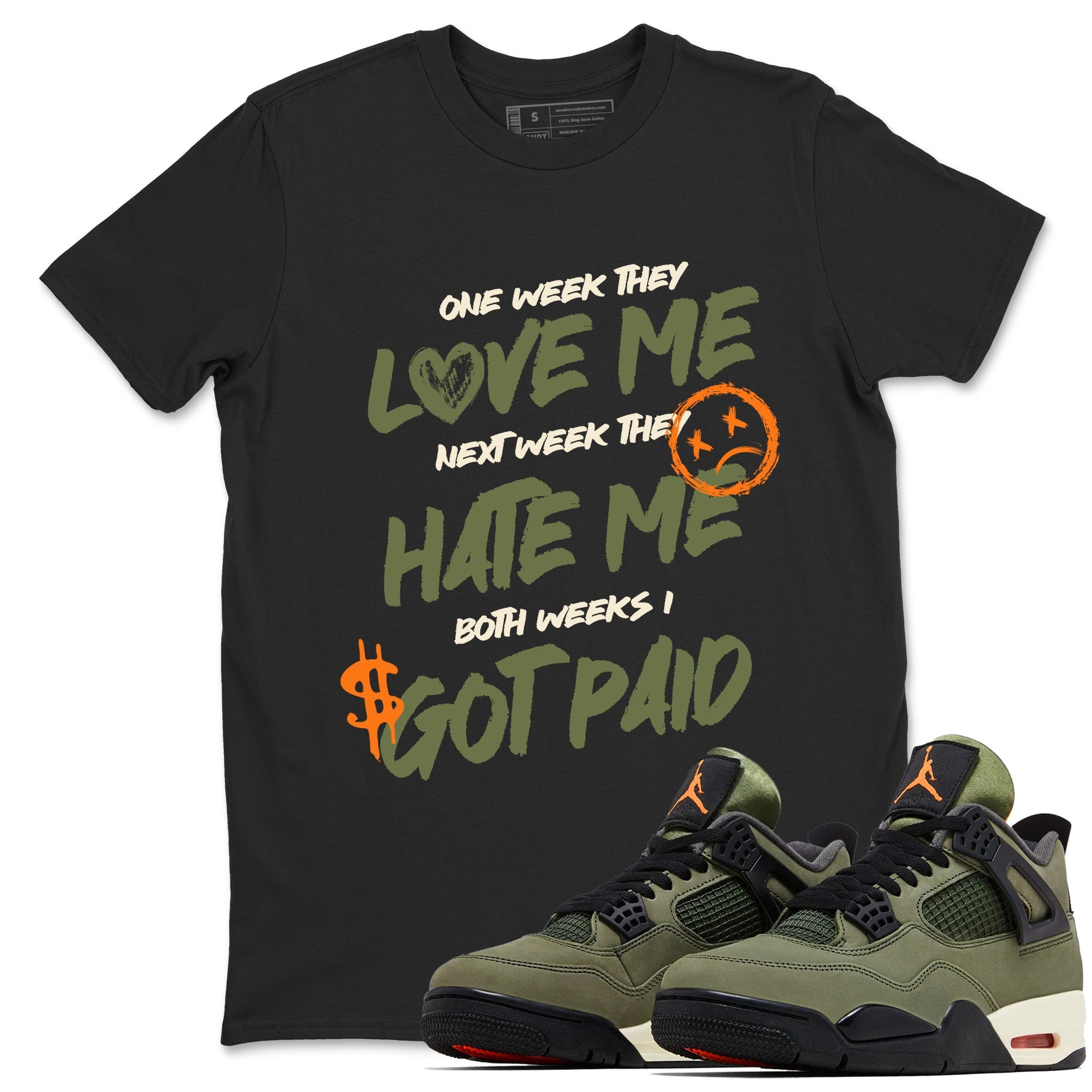 Sneaker match tees – Sneaker Tees To Match Undefeated inspired colorways Air Jordan 4 OG Olive Shoes  – I Got Paid Tee Black 1