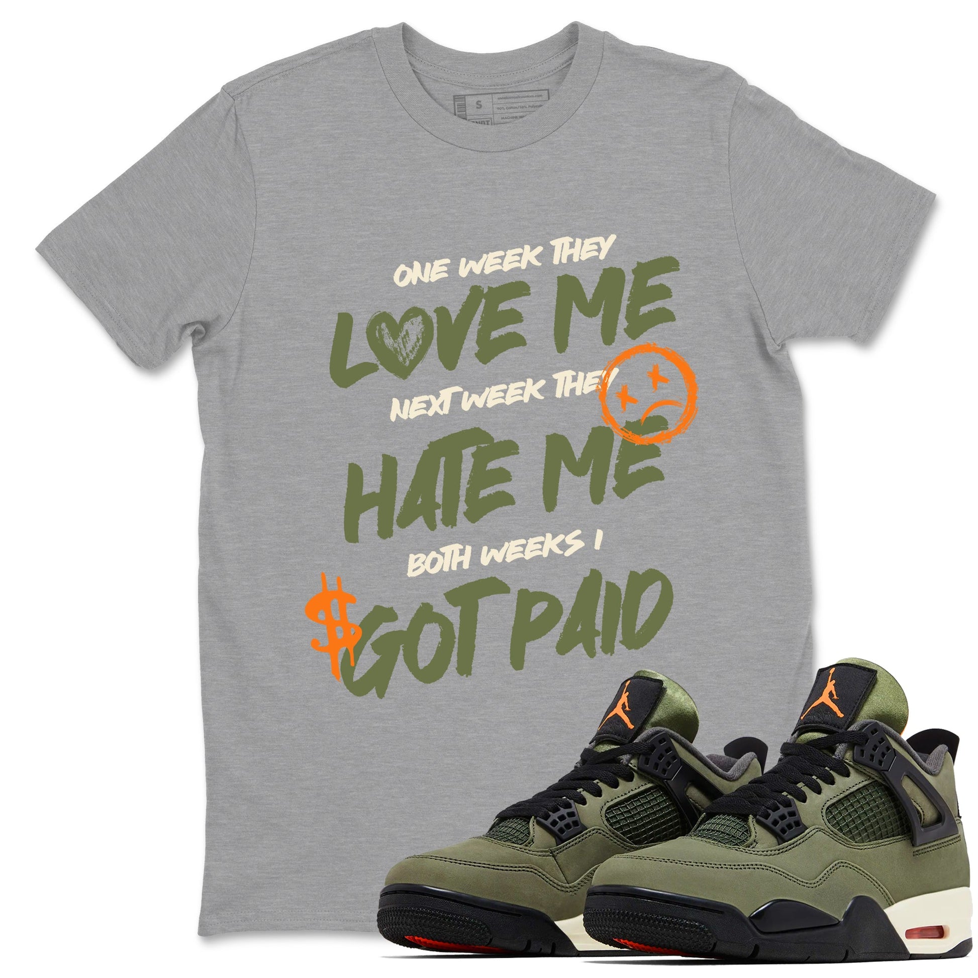 Sneaker match tees – Sneaker Tees To Match Undefeated inspired colorways Air Jordan 4 OG Olive Shoes  – I Got Paid Tee Heather Grey 1