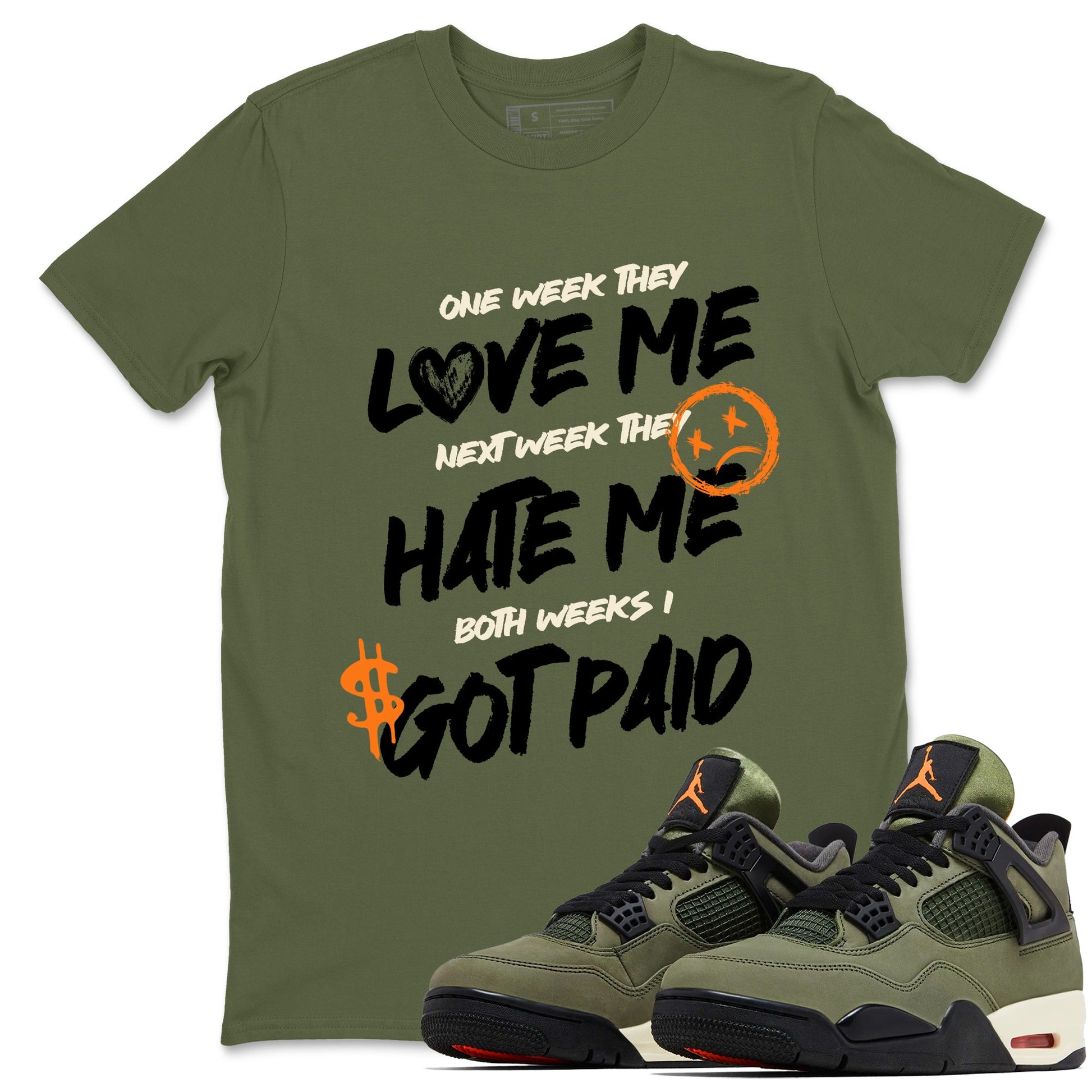Sneaker match tees – Sneaker Tees To Match Undefeated inspired colorways Air Jordan 4 OG Olive Shoes  – I Got Paid Tee Military Green 1