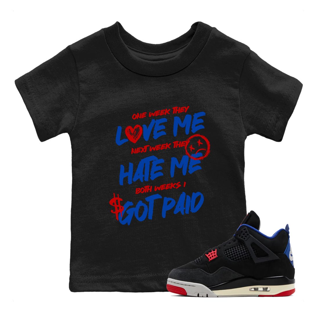 I Got Paid baby and kids t-shirt crafted for little sneakerheads to shine with the Air Jordan 4 Rare Air sneakers, displayed in Black 1.