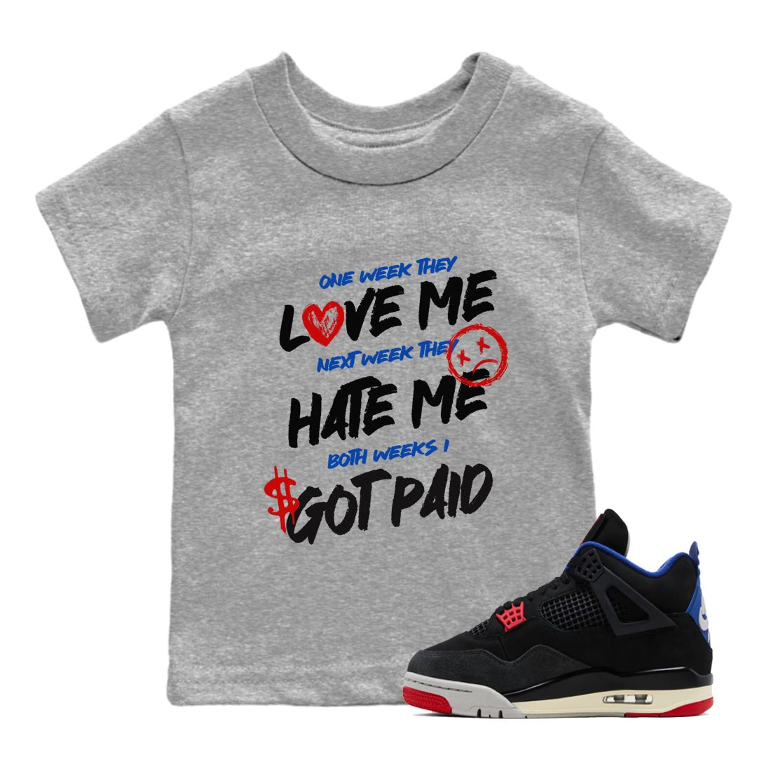 I Got Paid baby and kids t-shirt crafted for little sneakerheads to shine with the Air Jordan 4 Rare Air sneakers, displayed in Heather Grey 1.