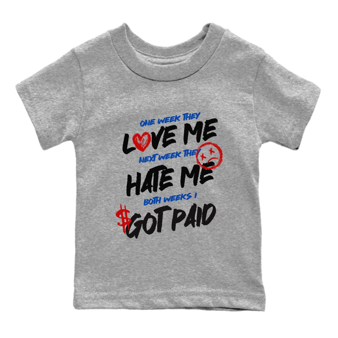 I Got Paid baby and kids t-shirt crafted for little sneakerheads to shine with the Air Jordan 4 Rare Air sneakers, displayed in Heather Grey 2.