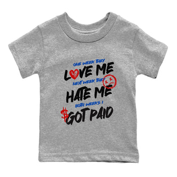 I Got Paid baby and kids t-shirt crafted for little sneakerheads to shine with the Air Jordan 4 Rare Air sneakers, displayed in Heather Grey 2.