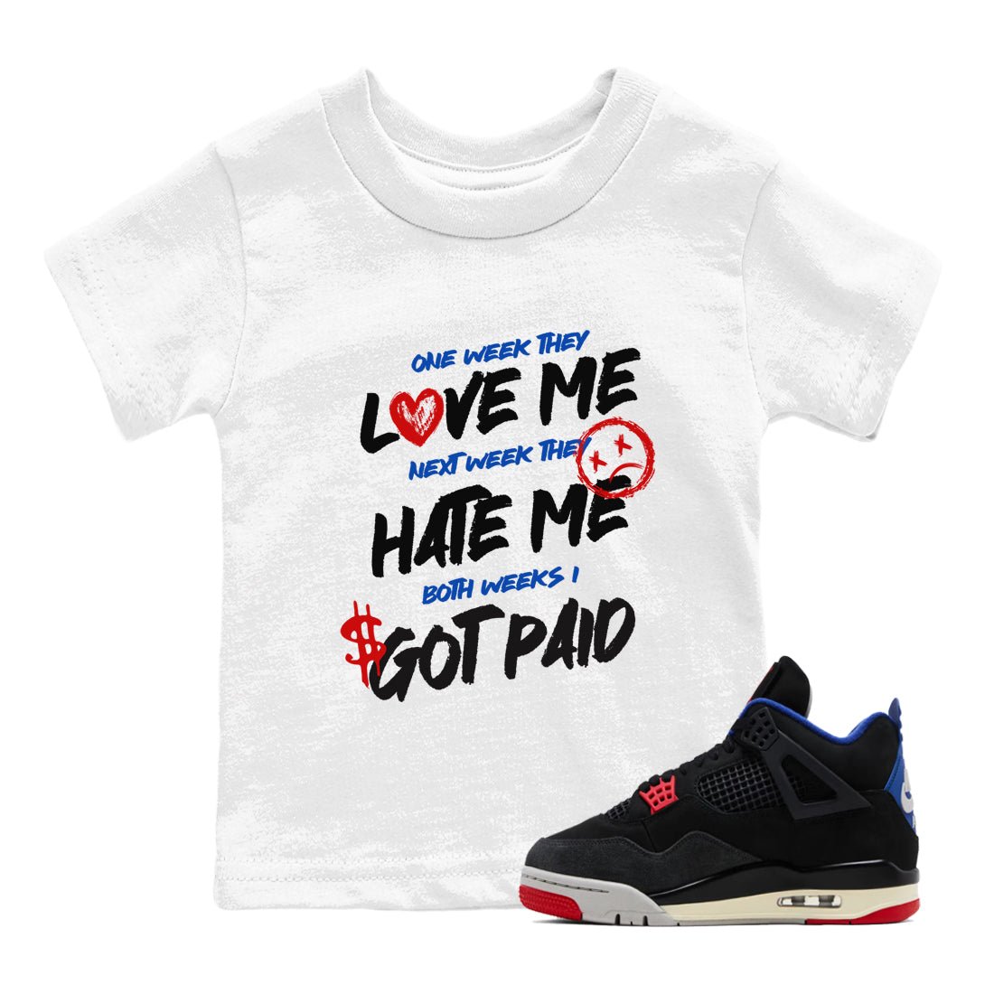 I Got Paid baby and kids t-shirt crafted for little sneakerheads to shine with the Air Jordan 4 Rare Air sneakers, displayed in White 1.