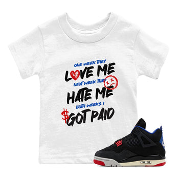 I Got Paid baby and kids t-shirt crafted for little sneakerheads to shine with the Air Jordan 4 Rare Air sneakers, displayed in White 1.