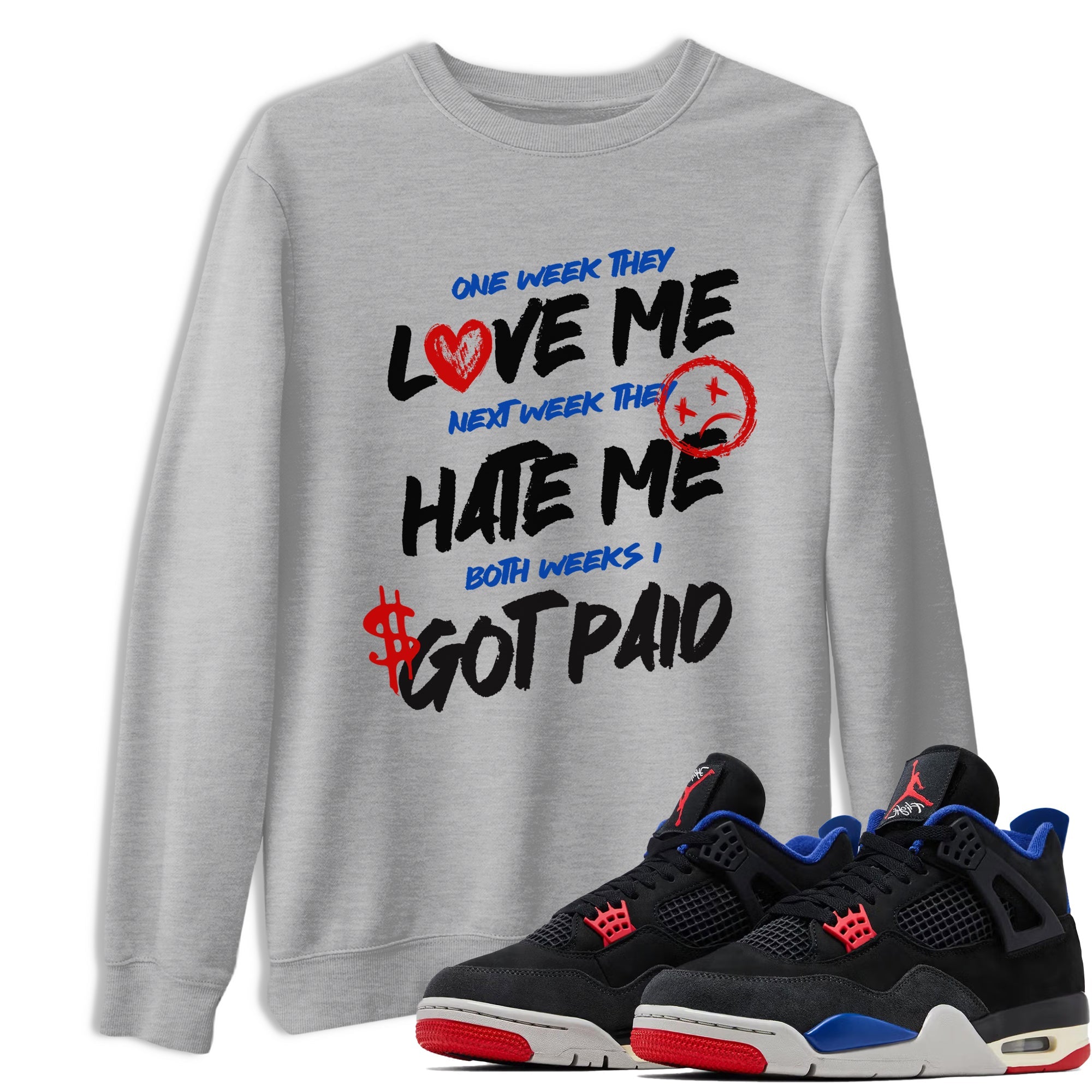 I Got Paid sneaker match t-shirt styled to complete your fit with the Air Jordan 4 Rare Air sneakers, shown in Heather Grey 1.