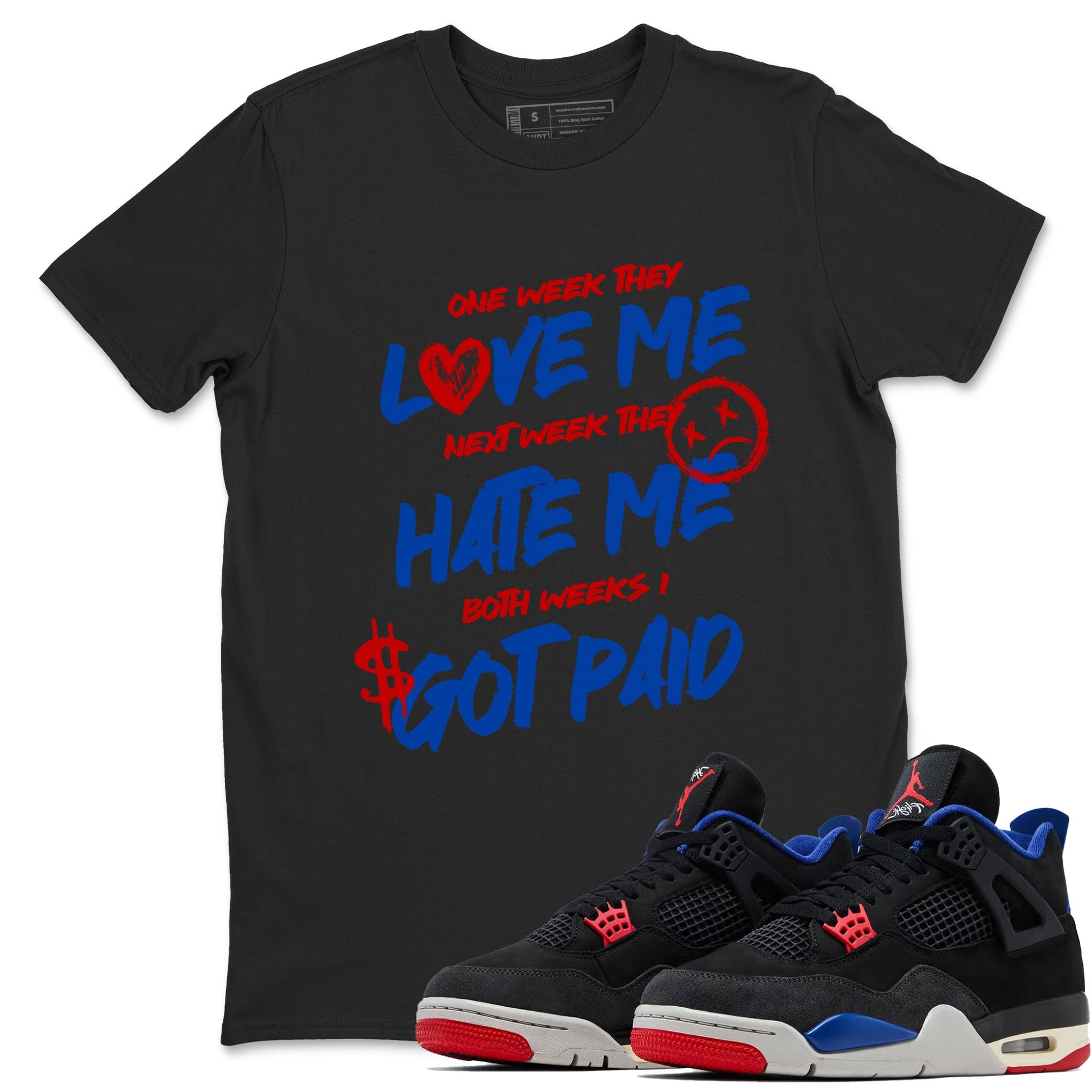 I Got Paid sneaker match t-shirt styled to complete your fit with the Air Jordan 4 Rare Air sneakers, shown in Black 1.