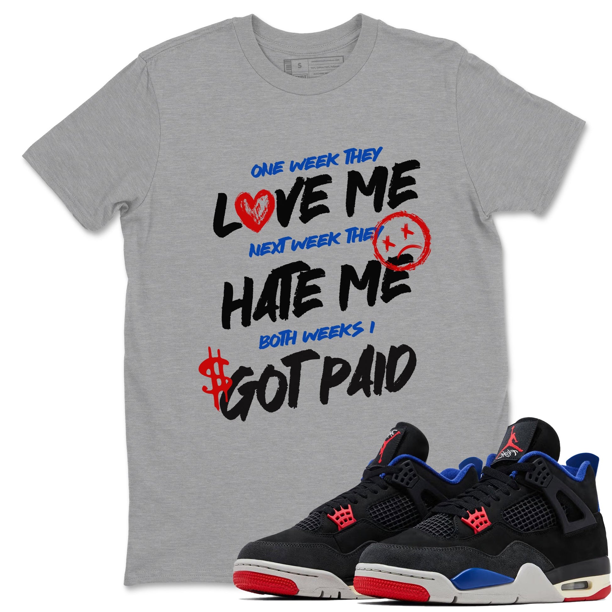 I Got Paid sneaker match t-shirt styled to complete your fit with the Air Jordan 4 Rare Air sneakers, shown in Heather Grey 1.