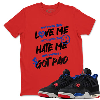 I Got Paid sneaker match t-shirt styled to complete your fit with the Air Jordan 4 Rare Air sneakers, shown in Red 1.