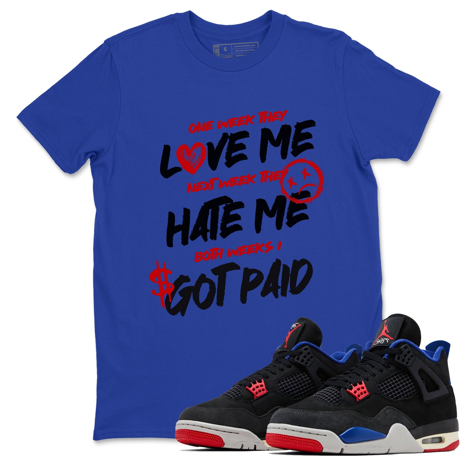 I Got Paid sneaker match t-shirt styled to complete your fit with the Air Jordan 4 Rare Air sneakers, shown in Royal Blue 1.