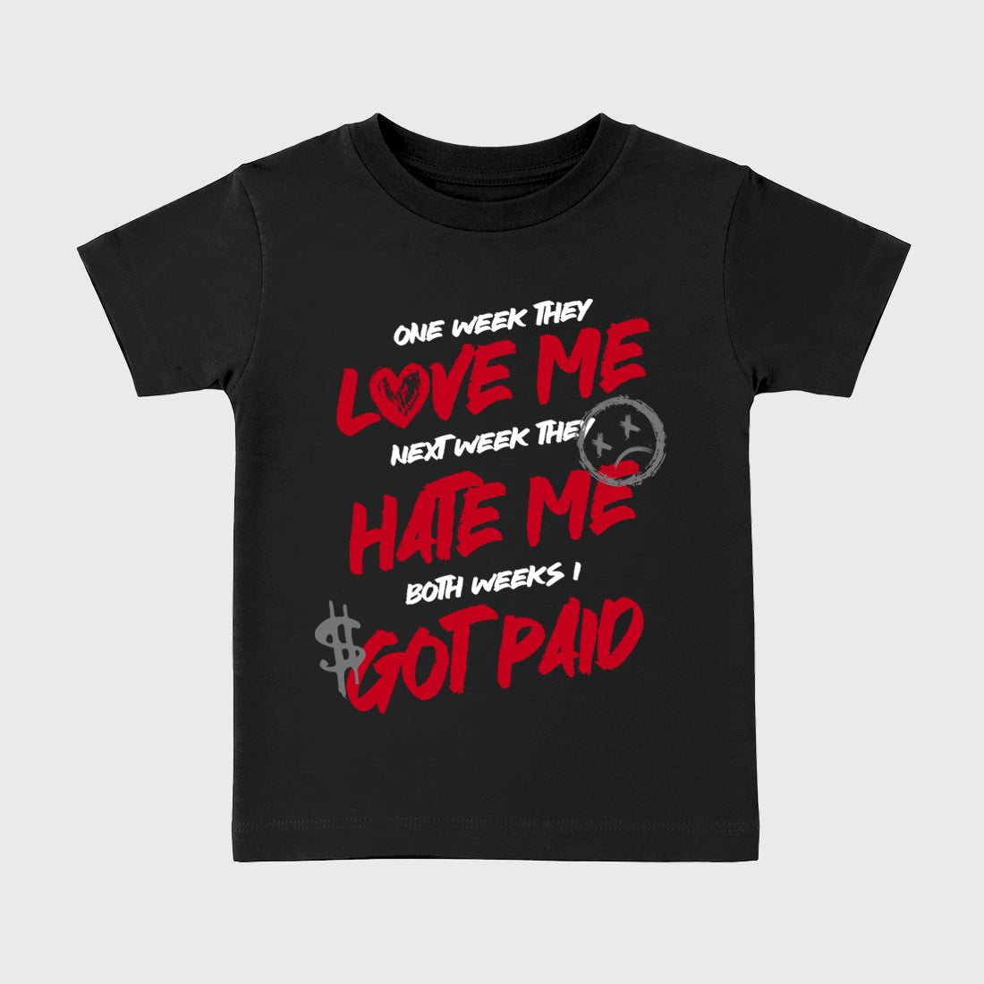 I Got Paid affordable baby and kids t-shirt designed to match the Air Jordan 4 Toro Bravo, featuring coordinated Black 2 options for the perfect little sneakerhead streetwear look.
