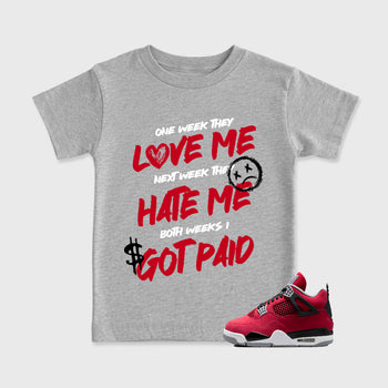 I Got Paid affordable baby and kids t-shirt designed to match the Air Jordan 4 Toro Bravo, featuring coordinated Heather Grey 1 options for the perfect little sneakerhead streetwear look.