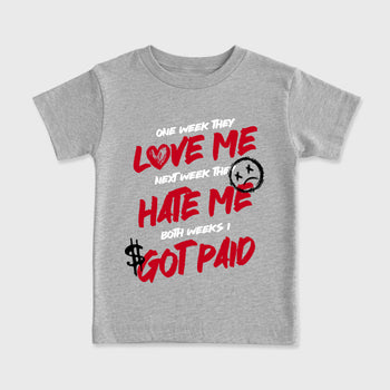 I Got Paid affordable baby and kids t-shirt designed to match the Air Jordan 4 Toro Bravo, featuring coordinated Heather Grey 2 options for the perfect little sneakerhead streetwear look.