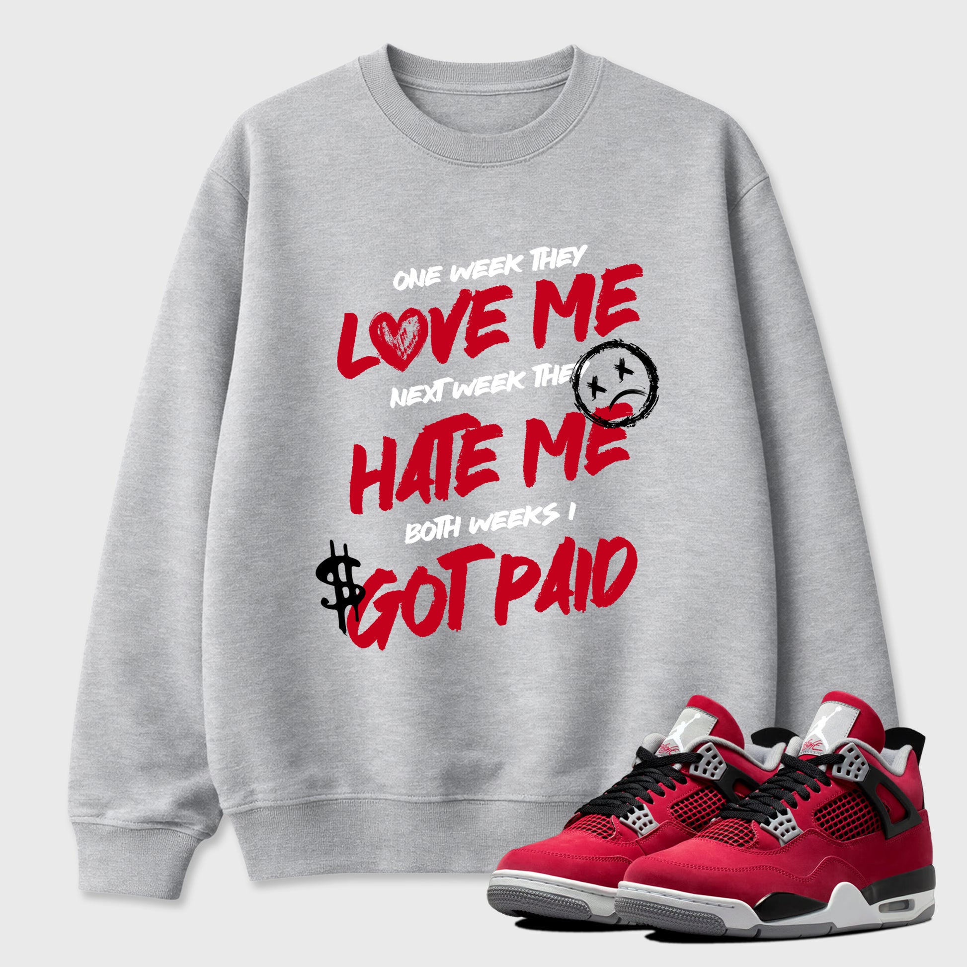 I Got Paid Graphic T-Shirt sneaker match tee designed for the Air Jordan 4 Toro Bravo, featuring coordinated color options for a perfect streetwear match. Heather Grey 1 shirt.