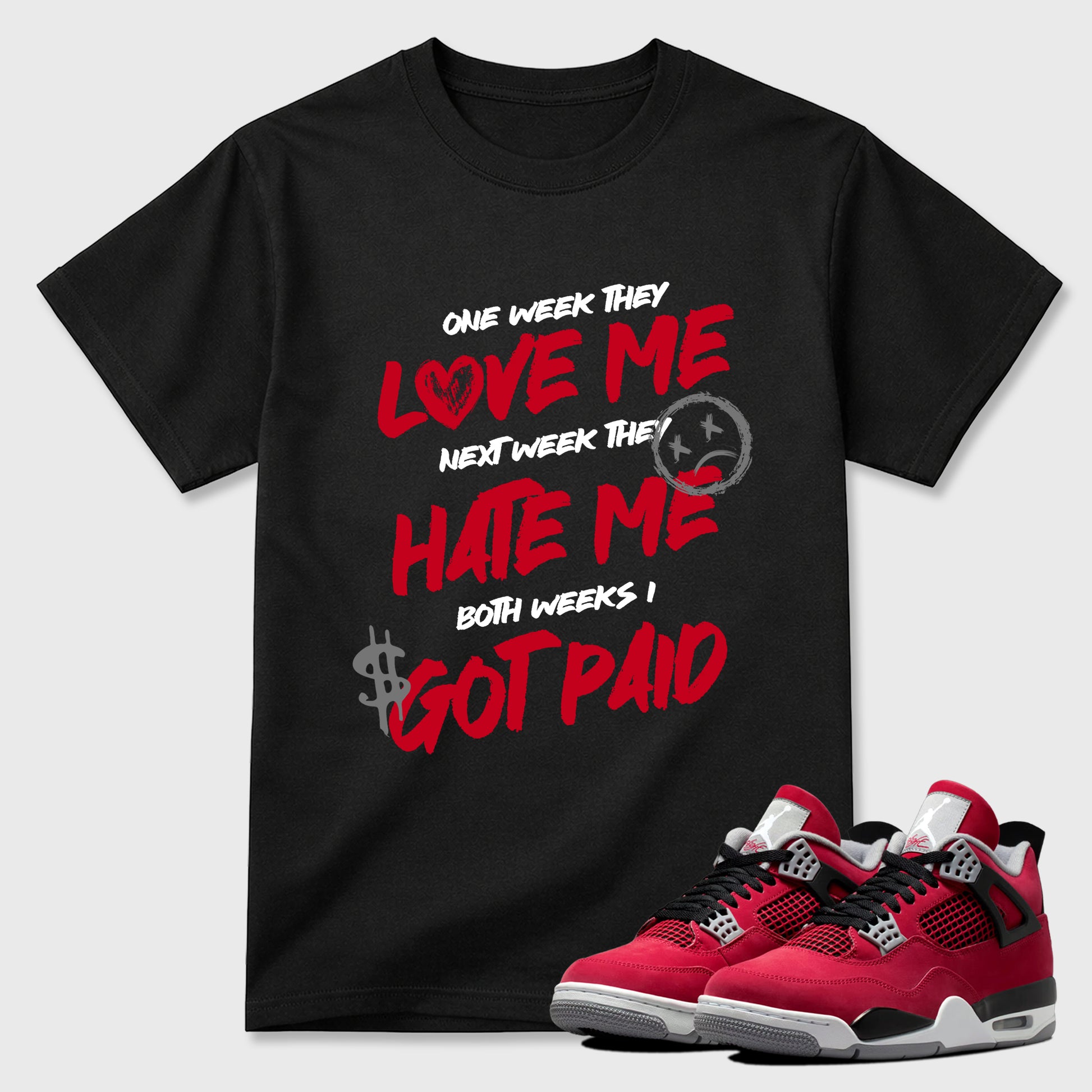 I Got Paid Graphic T-Shirt sneaker match tee designed for the Air Jordan 4 Toro Bravo, featuring coordinated color options for a perfect streetwear match. Black 1 shirt.
