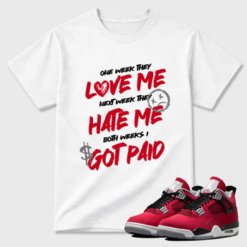 I Got Paid Graphic T-Shirt sneaker match tee designed for the Air Jordan 4 Toro Bravo, featuring coordinated color options for a perfect streetwear match. White 1 shirt.