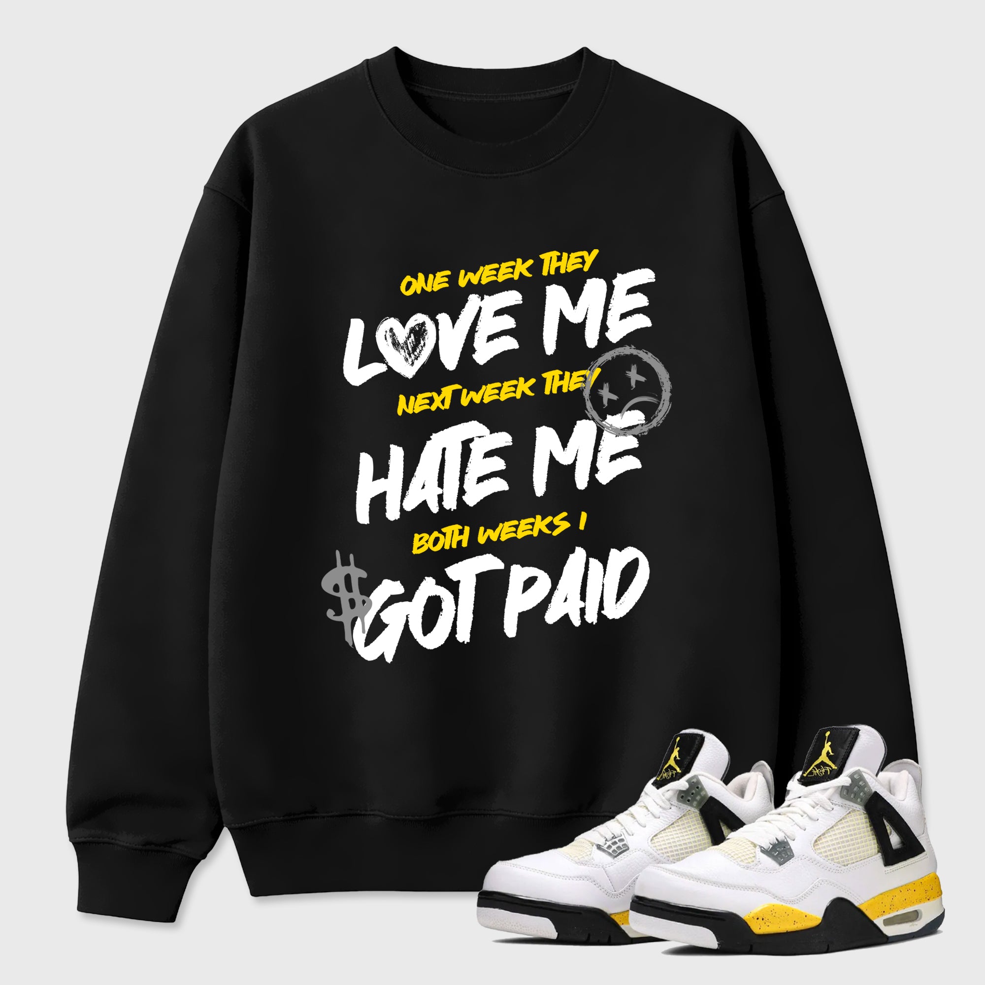 I Got Paid Graphic T-Shirt featuring original streetwear artwork designed to match the Air Jordan 4 Tour Yellow. Black 1 Graphic Tee.