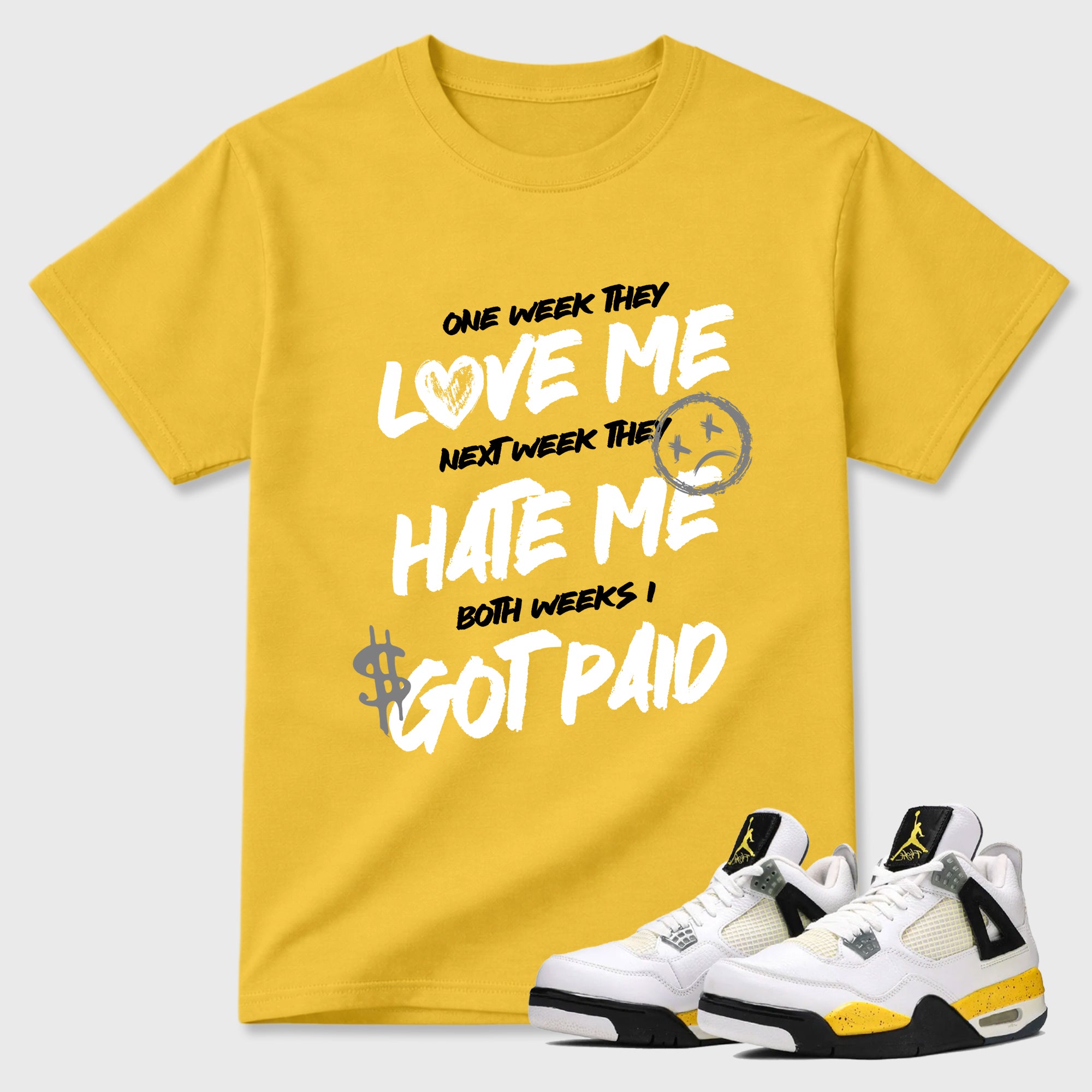 I Got Paid Graphic T-Shirt featuring original streetwear artwork designed to match the Air Jordan 4 Tour Yellow. Daisy 1 Graphic T-Shirt.