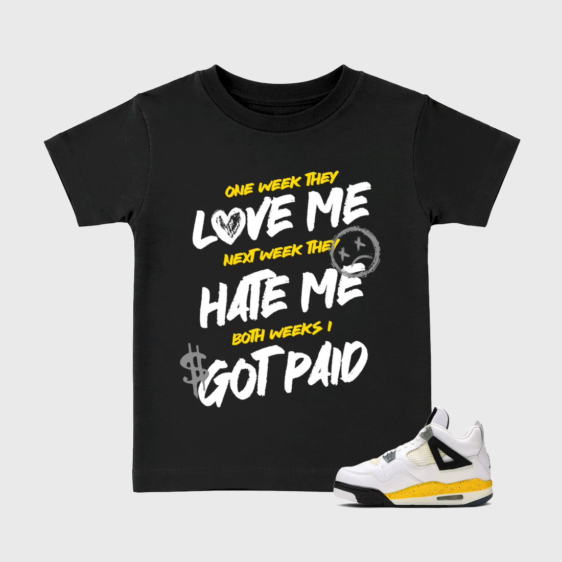 I Got Paid Baby & Kids Graphic T-Shirt featuring original artwork designed to match the Air Jordan 4 Tour Yellow. Black 1 Kids Graphic Tee.