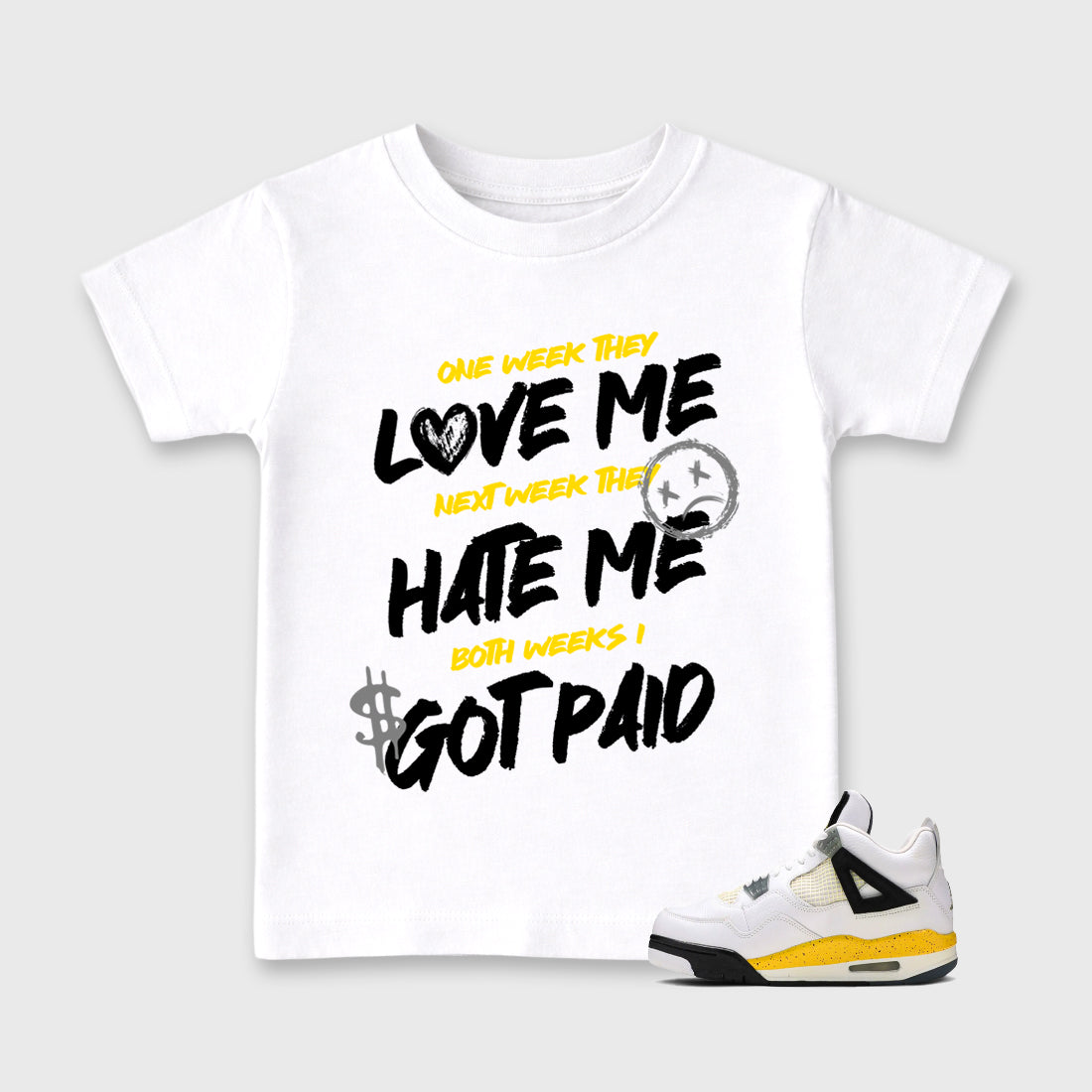 I Got Paid Baby & Kids Graphic T-Shirt featuring original artwork designed to match the Air Jordan 4 Tour Yellow. White 1 Kids Graphic Tee.