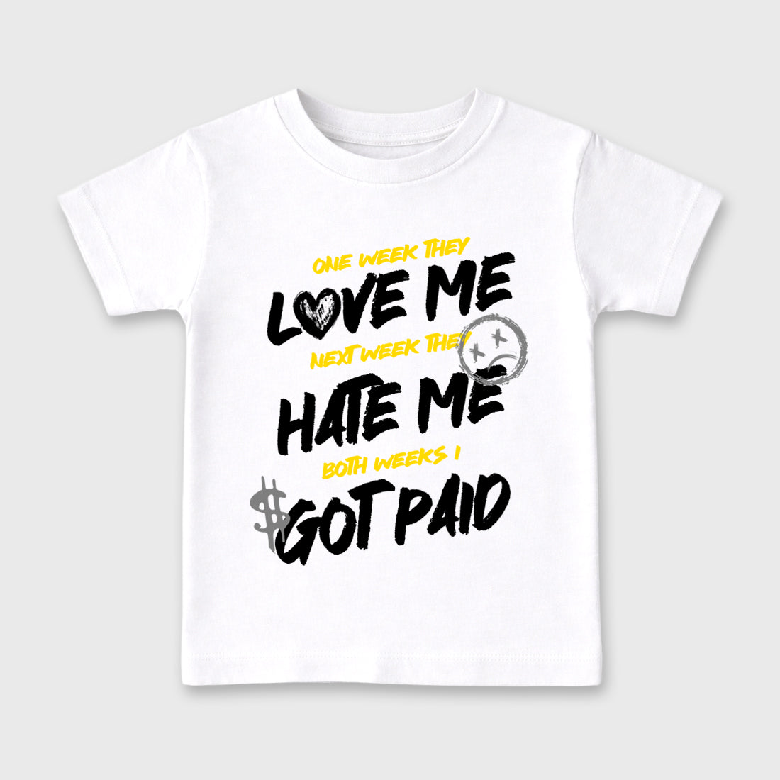 I Got Paid Baby & Kids Graphic T-Shirt featuring original artwork designed to match the Air Jordan 4 Tour Yellow. White 2 Kids Graphic Tee.