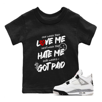 I Got Paid baby and kids t-shirt crafted for little sneakerheads to shine with the Air Jordan 4 White Cement sneakers, displayed in Black 1.