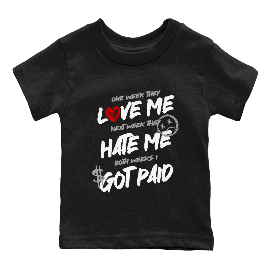 I Got Paid baby and kids t-shirt crafted for little sneakerheads to shine with the Air Jordan 4 White Cement sneakers, displayed in Black 2.