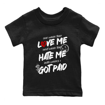 I Got Paid baby and kids t-shirt crafted for little sneakerheads to shine with the Air Jordan 4 White Cement sneakers, displayed in Black 2.