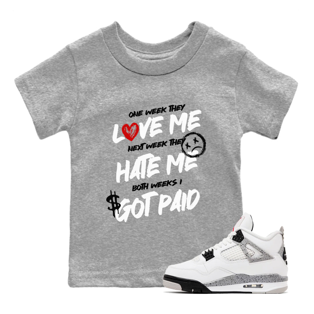 I Got Paid baby and kids t-shirt crafted for little sneakerheads to shine with the Air Jordan 4 White Cement sneakers, displayed in Heather Grey 1.