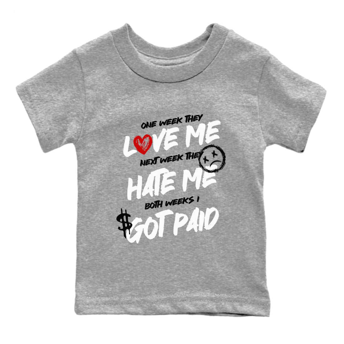 I Got Paid baby and kids t-shirt crafted for little sneakerheads to shine with the Air Jordan 4 White Cement sneakers, displayed in Heather Grey 2.