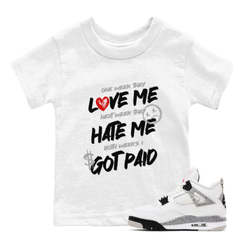 I Got Paid baby and kids t-shirt crafted for little sneakerheads to shine with the Air Jordan 4 White Cement sneakers, displayed in White 1.