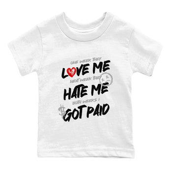 I Got Paid baby and kids t-shirt crafted for little sneakerheads to shine with the Air Jordan 4 White Cement sneakers, displayed in White 2.