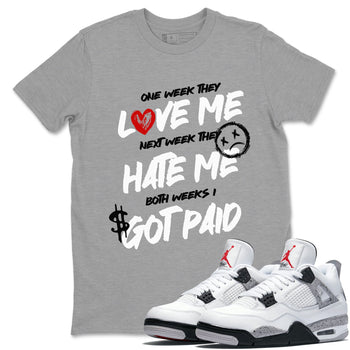 I Got Paid sneaker match t-shirt styled to complete your fit with the Air Jordan 4 White Cement sneakers, shown in Heather Grey 1.