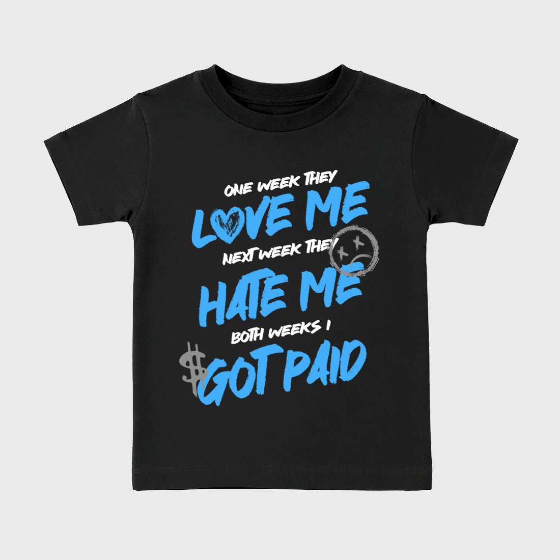 I Got Paid affordable baby and kids t-shirt designed to match the Air Jordan 5 Black University Blue, featuring coordinated Black 2 options for the perfect little sneakerhead streetwear look.