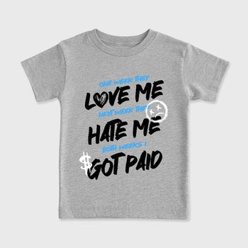I Got Paid affordable baby and kids t-shirt designed to match the Air Jordan 5 Black University Blue, featuring coordinated Heather Grey 2 options for the perfect little sneakerhead streetwear look.