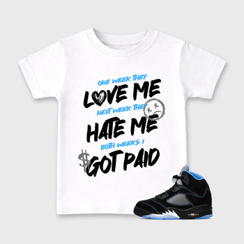 I Got Paid affordable baby and kids t-shirt designed to match the Air Jordan 5 Black University Blue, featuring coordinated White 1 options for the perfect little sneakerhead streetwear look.