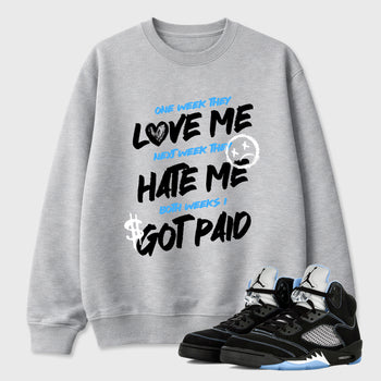 I Got Paid Graphic T-Shirt sneaker match tee designed for the Air Jordan 5 Black University Blue, featuring coordinated color options for a perfect streetwear match. Heather Grey 1 shirt.