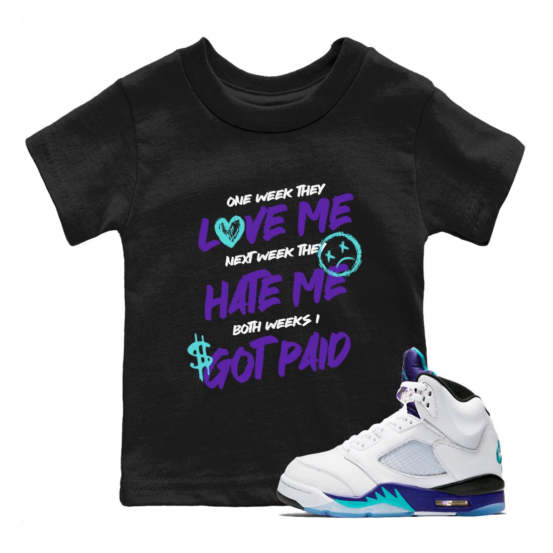 I Got Paid baby and kids t-shirt crafted for little sneakerheads to shine with the Air Jordan 5 Grape sneakers, displayed in Black 1.